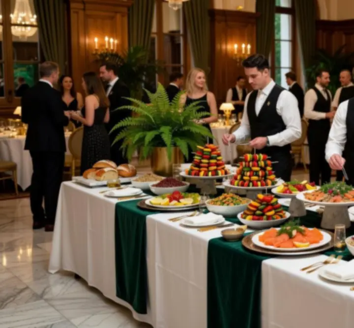 Elegant catered event setup with buffet and decorated tables
