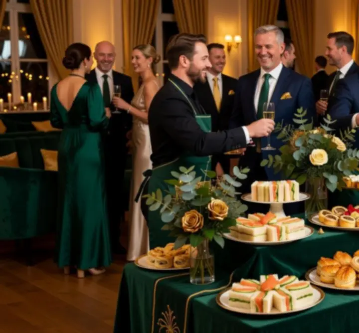 Atmospheric event with guests enjoying catered food and ambient lighting