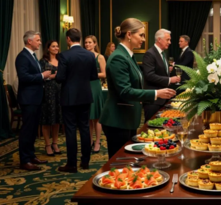 Beautifully styled catering table with elegant dishes and glassware