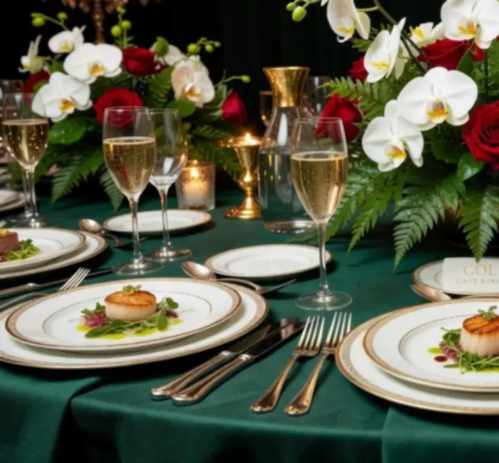 Luxuriously set dining table with glassware and florals