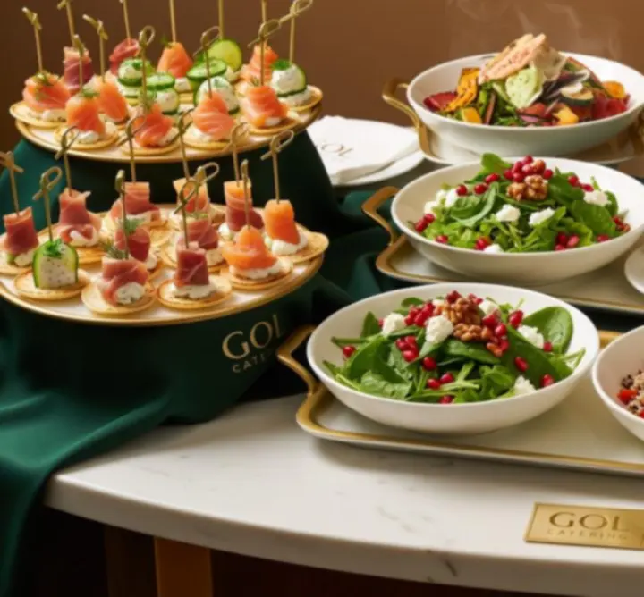 Gourmet catering food display featuring beautifully presented dishes