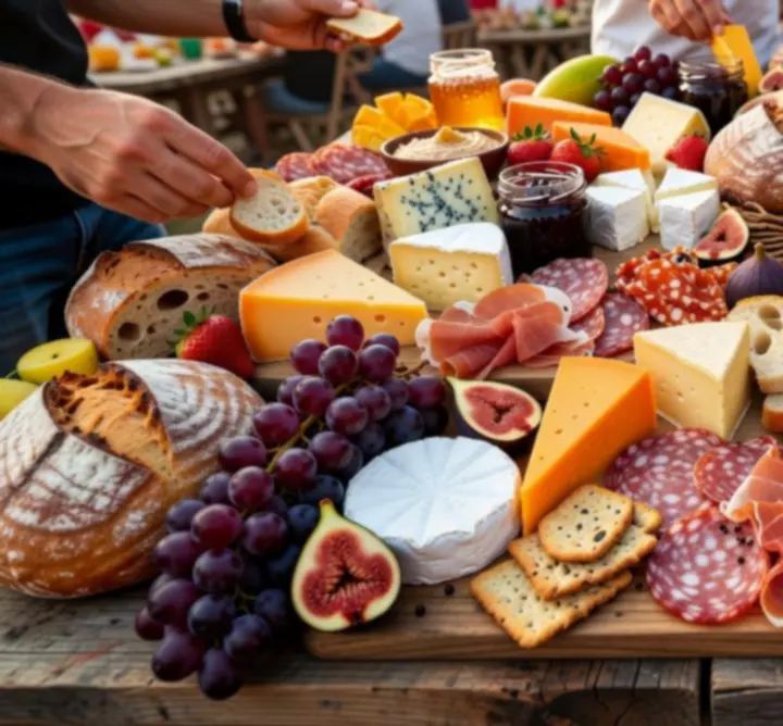 A luxurious grazing table with sharing platters and seasonal produce.