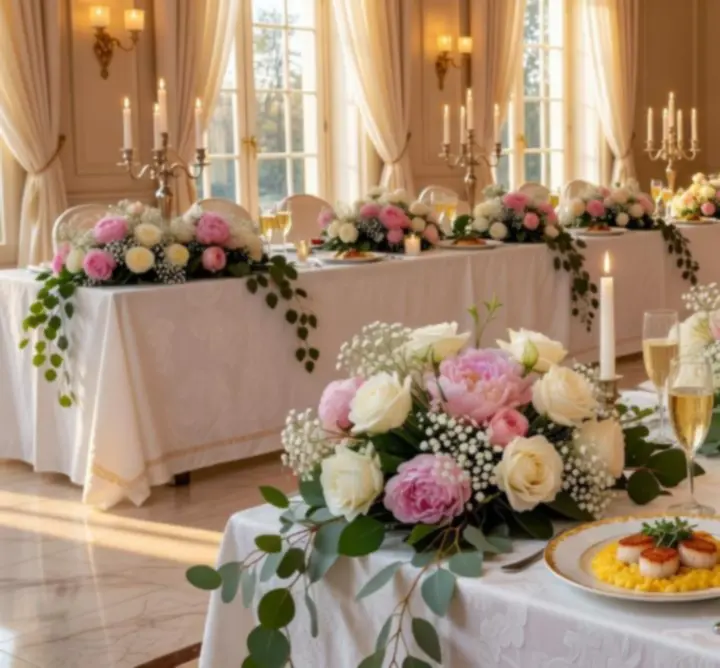Elegant wedding catering setup with floral details